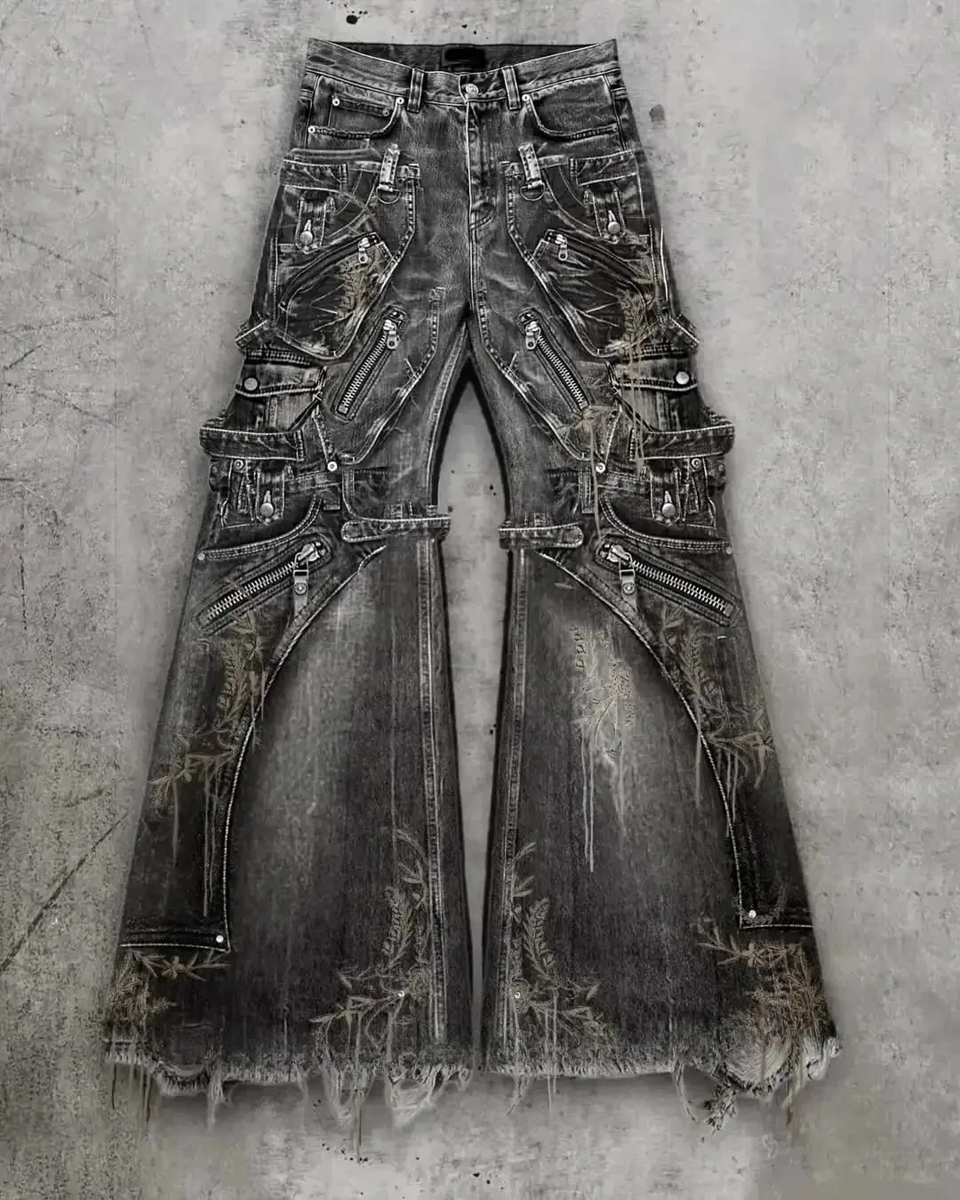 Streetwear Goth Punk Multi-Pocket Cargo Jeans Mens Black Distressed Flared Denim Pants with Straps Zippers Studs Frayed Edges