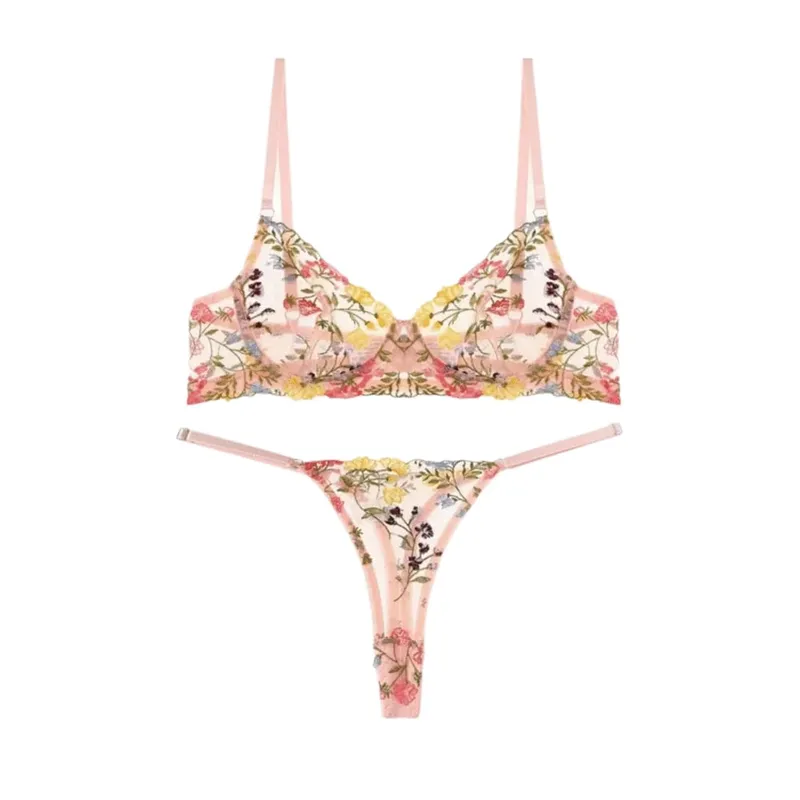 Versatile Transparent Lingerie Set Ultra-thin Elegant Embroidery Floral Underwear Push Up Panties Bra Set Women