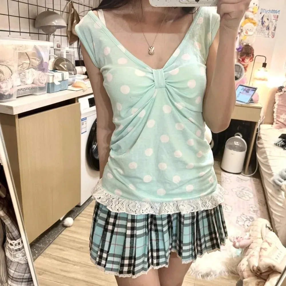 Kawaii T-shirts Ropa Mujer Tank Japanese Sweet Vest Women Vintage Polka Point Sleeveless Tops Fashion Summer Camis Ruffles Slim