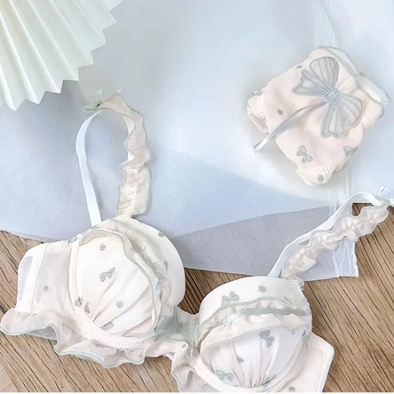 Japanese MOMOKO Butterfly Lingerie Set Wireless Bralette Sweet Pure Style Push Up Gathering Support for Small Chest No Underwire