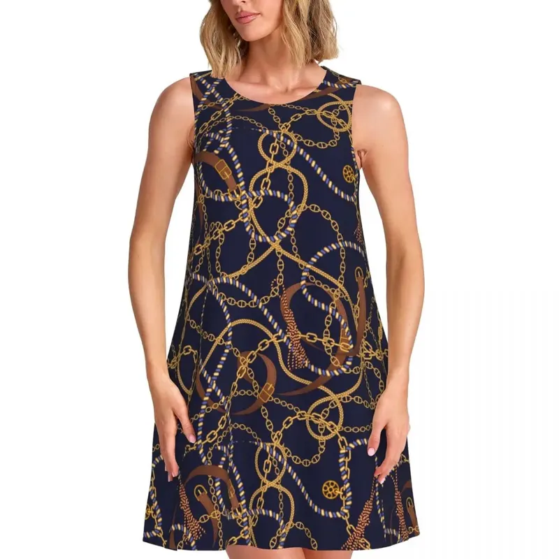 Gold Chain Casual Dress Vintage Print Korean Fashion Dresses Sleeveless Cute Dress Cheap Crew Neck Female Print Clothes