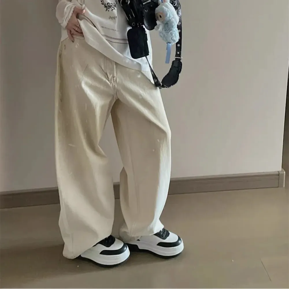 High Street Dirty Mud Splatter Baggy Jeans for Men Solid Color Loose Straight Rivet Pocket Washed White Denim Trousers Oversize