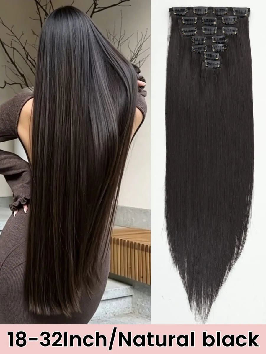 32Inchs Synthetic Long Straight Blonde Black Hairstyle Clips in Hair Extensions Hairpieces Heat Resistant False Hair Daily Party