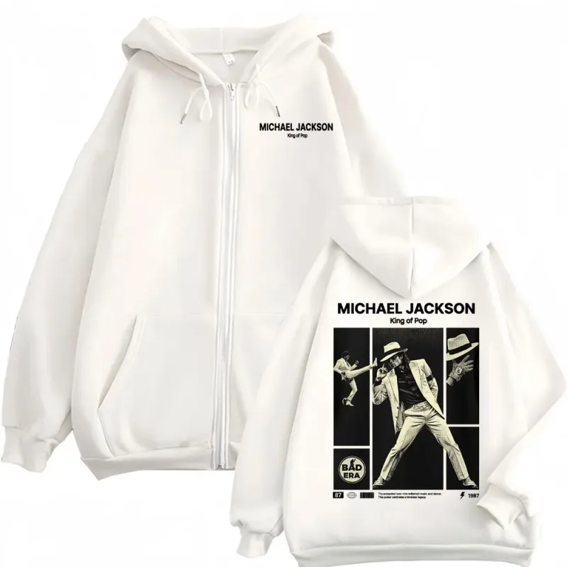 Michael Jackson King Of Pop Zip Up Hoodie Pakaian Pria Klasik Vintage Jaket Kaus Harajuku Bulu Ritsleting Berkerudung Mantel