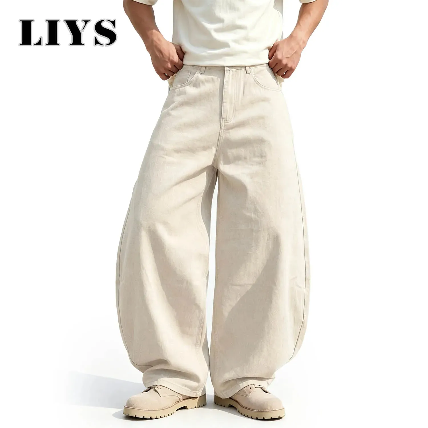 Men's American Beige Loose Wide Leg Jeans High Waisted Streetwear Hip-Hop Fashion Loose Denim Pants Y2K Retro Casual Pants
