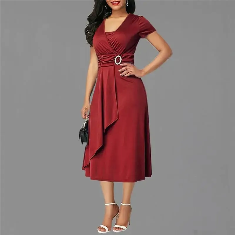 We.Fine Dress Women Solid Color Short Sleeve V Neck Asymmetric Hem Waist Midi Party Dress Elastic Female Dresses Woman Vestidos