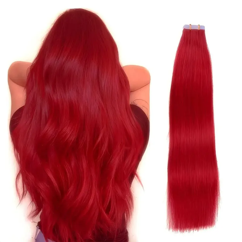 Red Color 20Pcs Tape-In Hair Extensions 100% Remy Human Hair Straight Highlight Color for Women Add Hair Length And Volume 50g