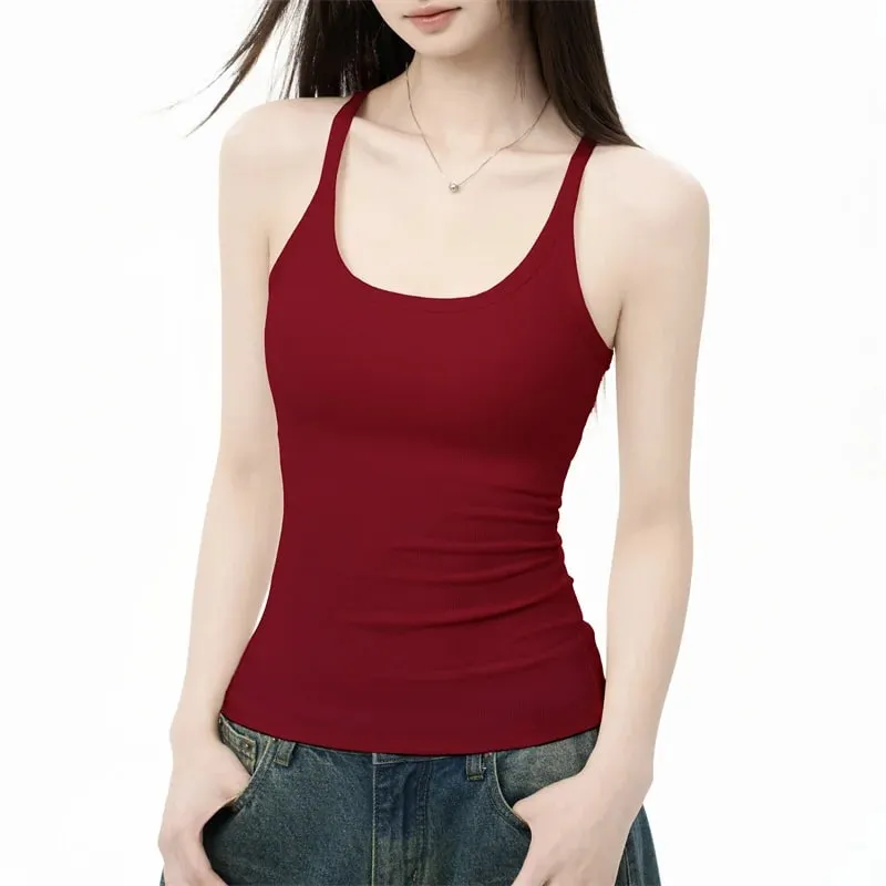 Zjaiss Elegant Knit Summer Tank Top Korean Slim Solid U Neck Women Cami Soft Ribbed Basic Layering Vest Fashion Ladies Top