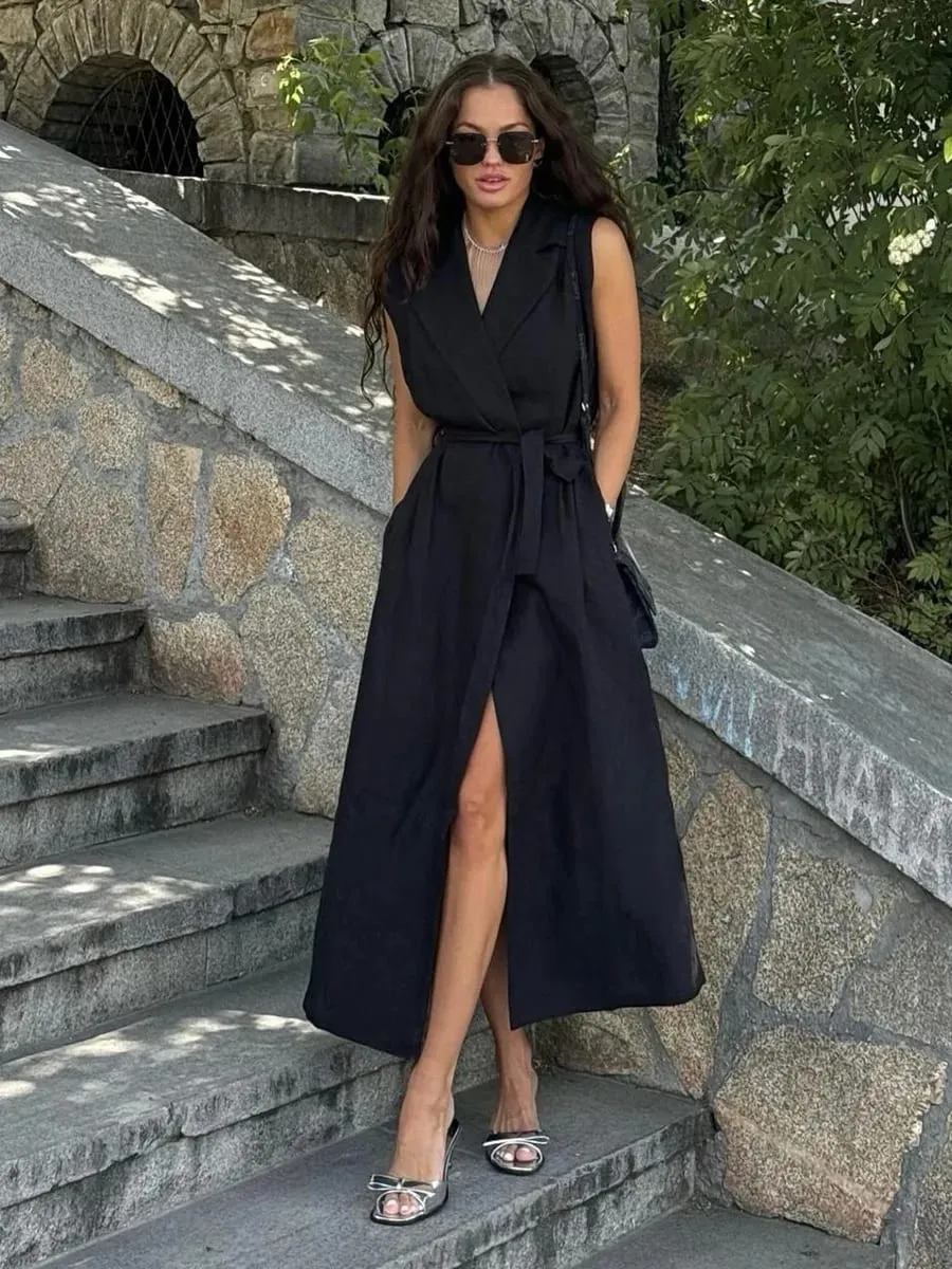 Bornladies 2026 Spring Summer New Women's Sleeveless Shirt Dress Elegant Casual Collared Tie-Waist Fitted Maxi Dress