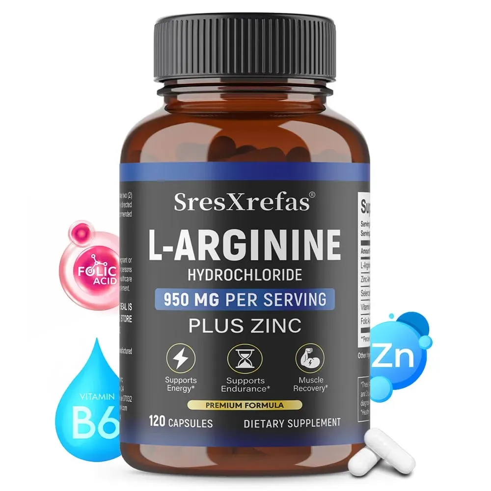 Men's L-Arginine 950mg Capsules - Supports Blood Circulation Workout Endurance & Muscle Growth Mercury for Adult 120 Capsules