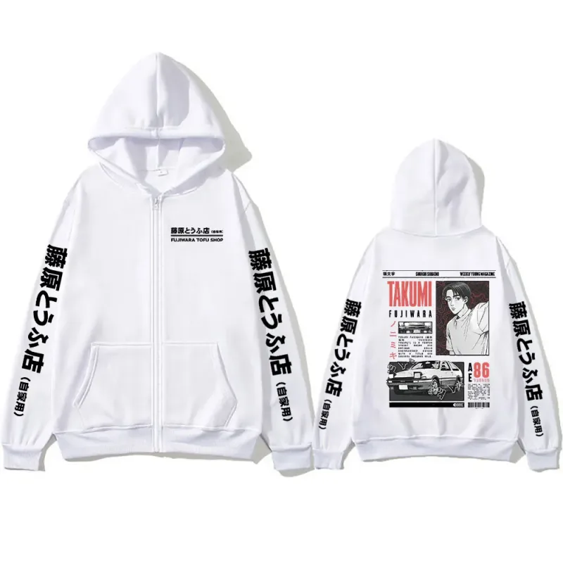 Anime Initial D Drift AE86 Takumi Fujiwara Tofu Shop JDM Car Zipper Hoodies Men Women Long Sleeve Zip Up Sweatshirts Jacket Coat