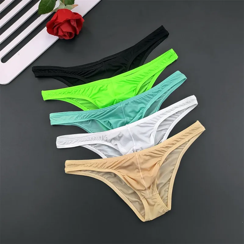 5Pcs New Youth Men's Ice Silk Brief U Pouch Underwear Low Waist Ultra Thin Transparent Underpants Sexy Plus Size Male Panties