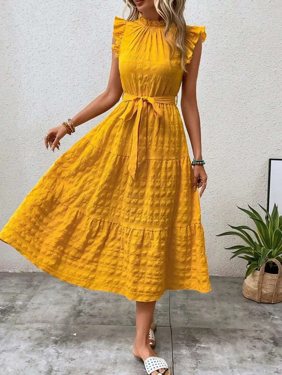 2026 Summer Fashion Flutter Sleeve Women Stand Collar Ruffles Solid Color Elegant Loose Long Dress Lace-up Texture Party Dresses