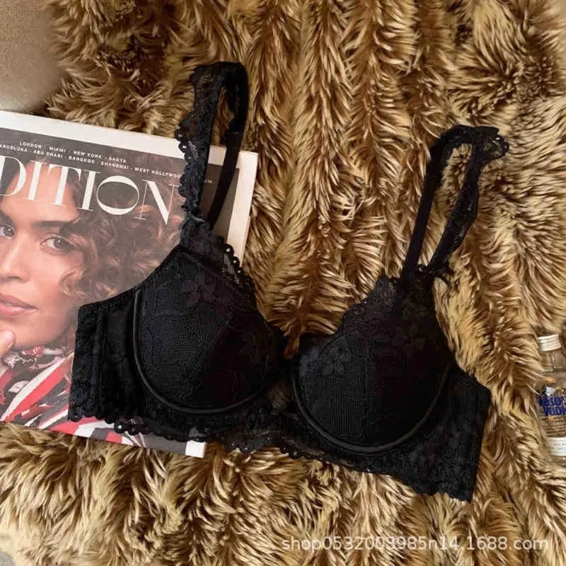 French Flutter Sleeve Lace Women Bra Set Soft Underwire Thin Breathable Sexy Minimizer Beauty Back Lingerie 32‑38 AB