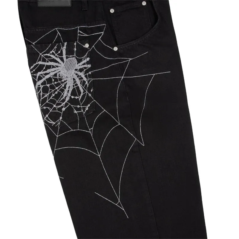 Mens Jeans Spider Web Embroidery Denim Pants Harajuku Unisex Loose Fit Straight Leg Wide Leg Streetwear Casual Fashion Trend New