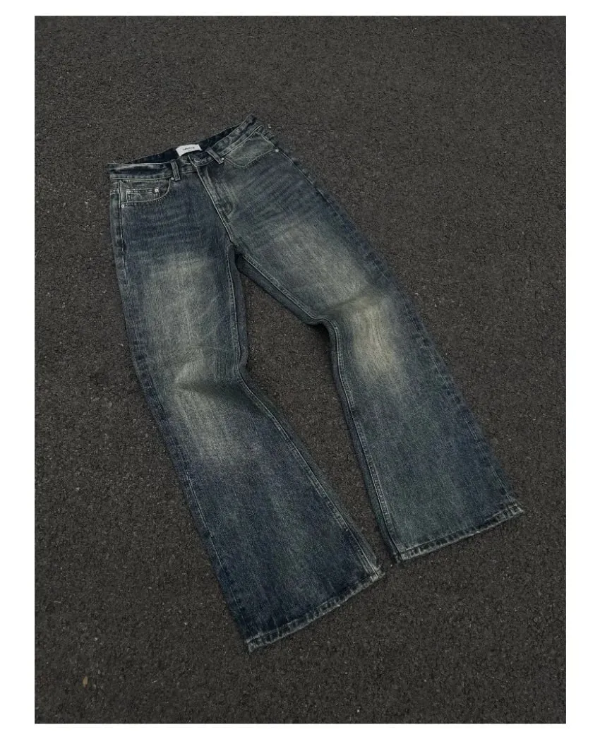 Washed Out Vintage High Waist Bootcut Jeans Loose Fit Japanese Style Sunset Gradient Dye Straight Leg Denim Pants