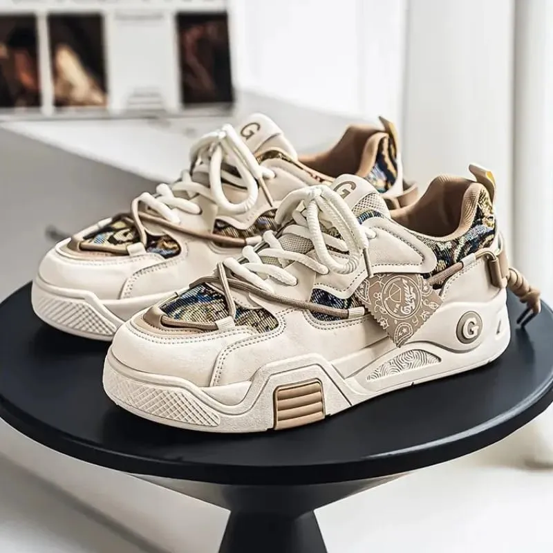 ฤดูใบไม้ผลิฤดูร้อนผู้ชายรองเท้าผ้าใบ Chunky Sole รองเท้า Retro บล็อกสีกราฟิกพิมพ์ Lace Up หนาแบนแพลตฟอร์มรองเท้า