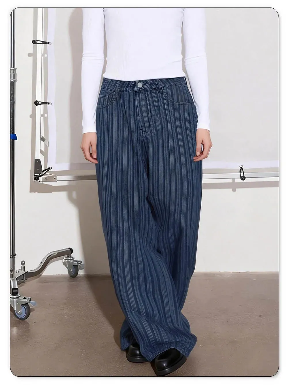Japanese Korean Style Wavy Stripe Jacquard Fabric Baggy Wide-leg Jeans American Retro Style Business Casual Denim Pants
