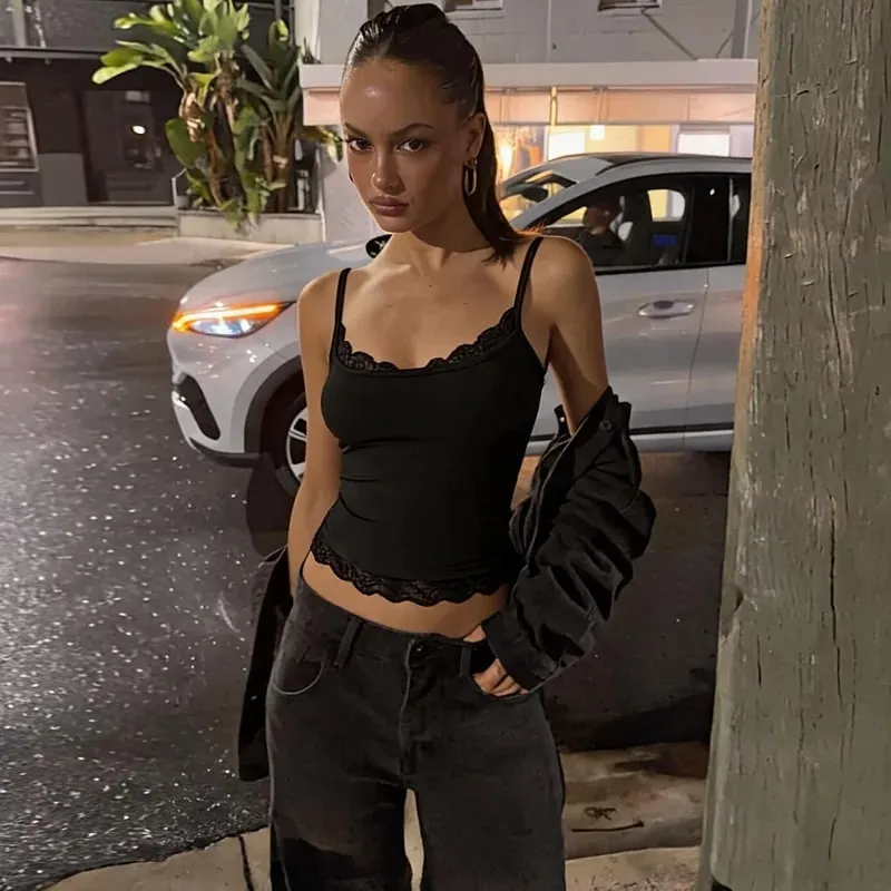 Dulzura Women'S Sexy Backless Lace Ruffles Patchwork Crop Camisole Fashion Casual Y2K Top Party Club Street Style Summer Outfit