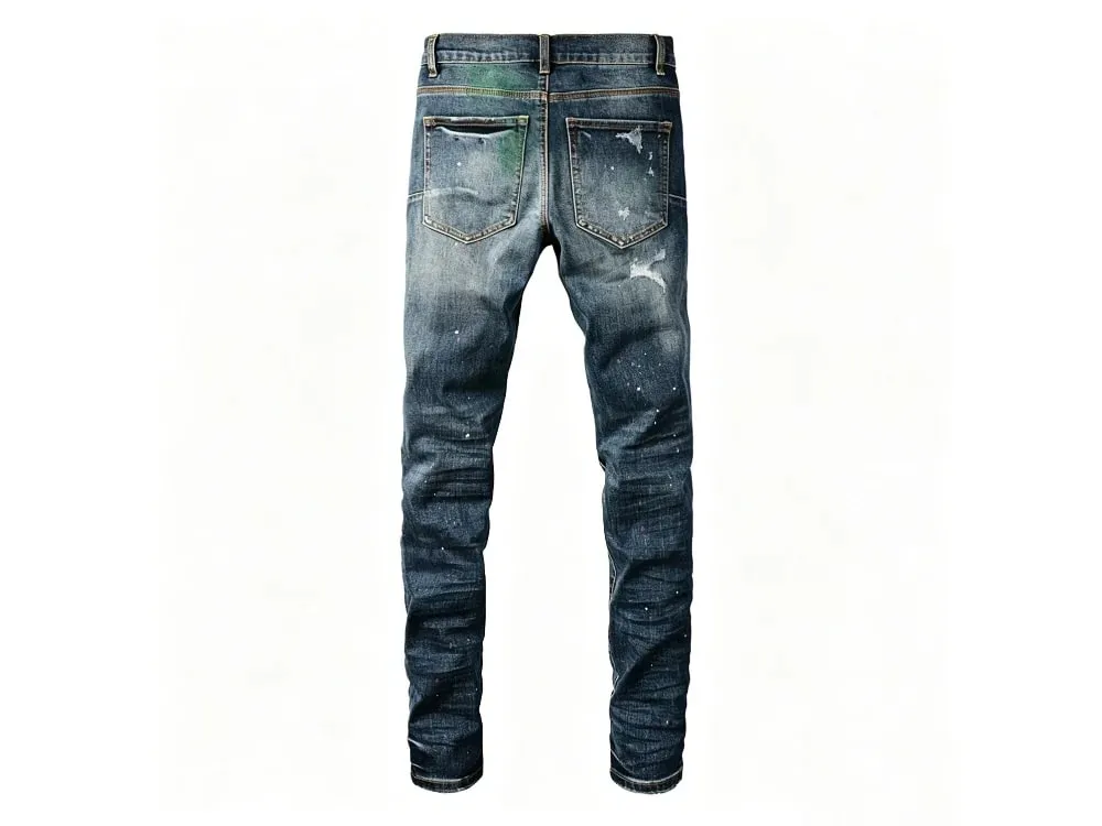 Men's Slim Taper Vintage Distressed Ripped Jeans Blue Gradient Green Red Paint Splatter Button Fly High Street Fashion Denim Pan