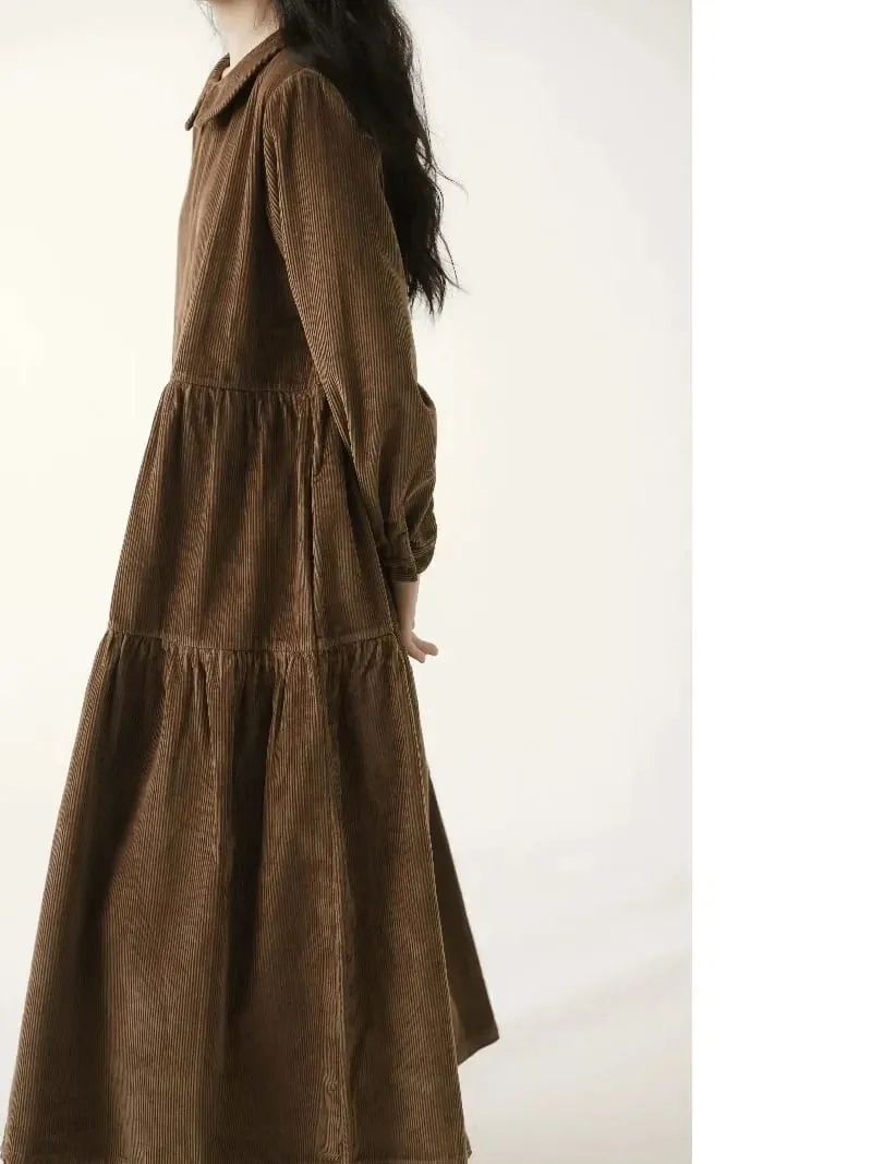 Autumn Winter Corduroy Dress Women Casual Dresses Fashion Female Vestidos Long Sleeve Vintage A-line Dress Women's Dresses — image 4