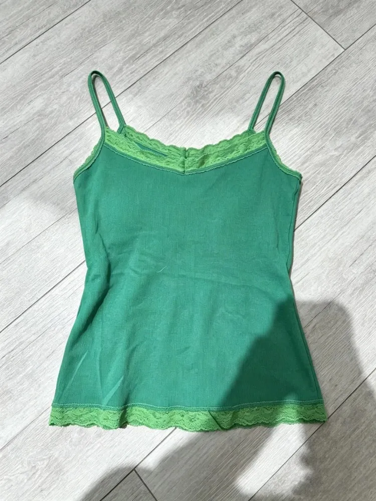 2000s Harajuku Vintage Hot Girl Slim Tanks Y2k American Retro Sexy Camis Summer Japanese Sweet Lacce Solid Sleeveless Tops Chic