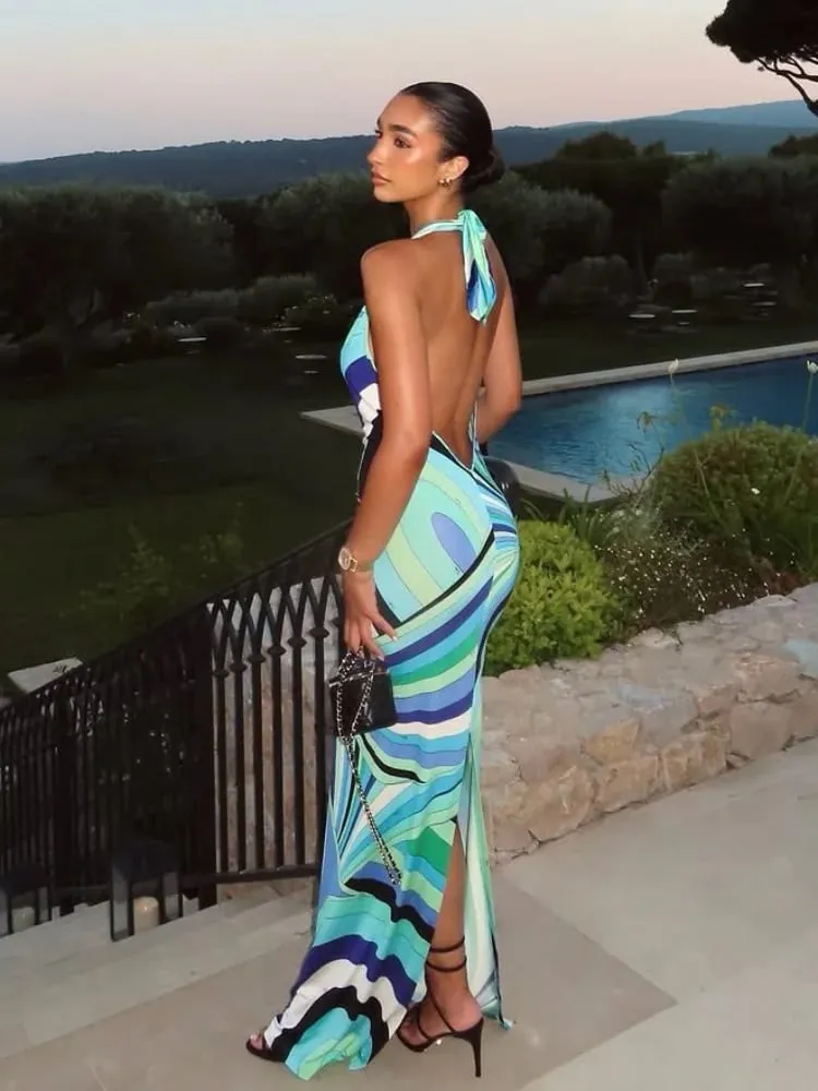 Moda impressa halter vestido longo para mulheres elegante sem mangas sem costas magro bodycon maxi vestidos chiques verão praia festa roupões