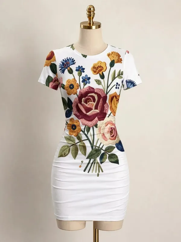 Womens Short Sleeve Bodycon Mini Dress Slim Fit Crew Neck Floral Print Casual Summer Party Cute Modern Holiday Vacation Sundress