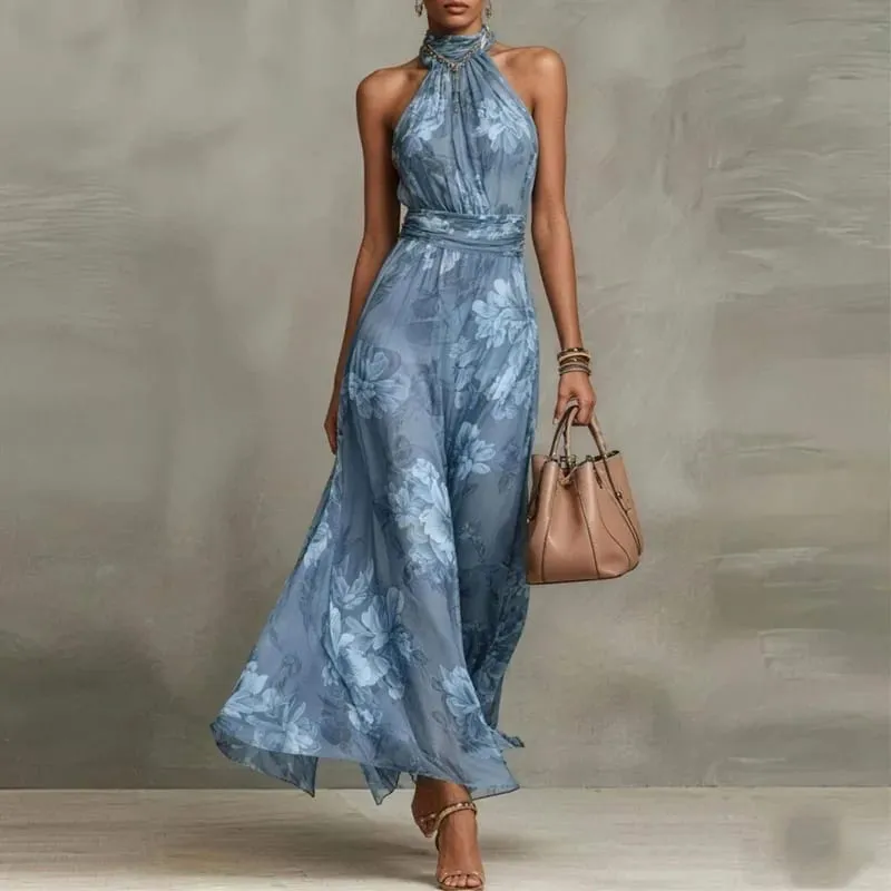 Elegant Halter Off Shoulder Hollow Party Woman Retro Floral Print Chiffon Long Vintage Boho Sleeveless Summer Beach Dresses