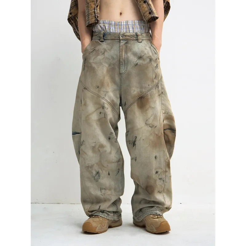 Male Winter American Style Vintage Dirty Men's Jeans 2026 Spring New High Street Design Loose Wide Leg Floor Length Denim Pants