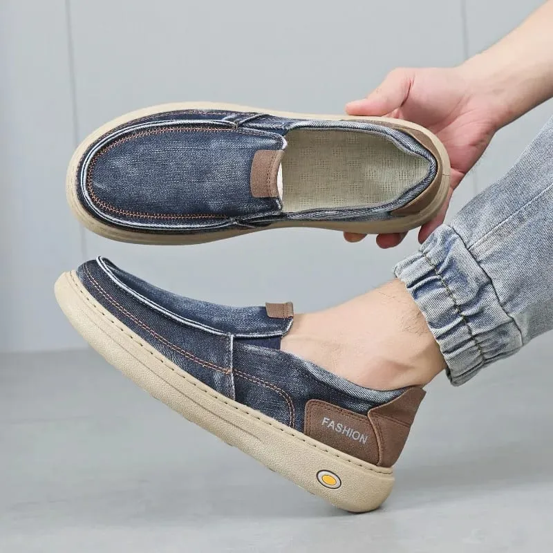 New Quality Denim Cloth Casual Man Shoes Fashion Men's Sneakers Slip on Walking Flats Breathable Lightweight Driving Work Shoes