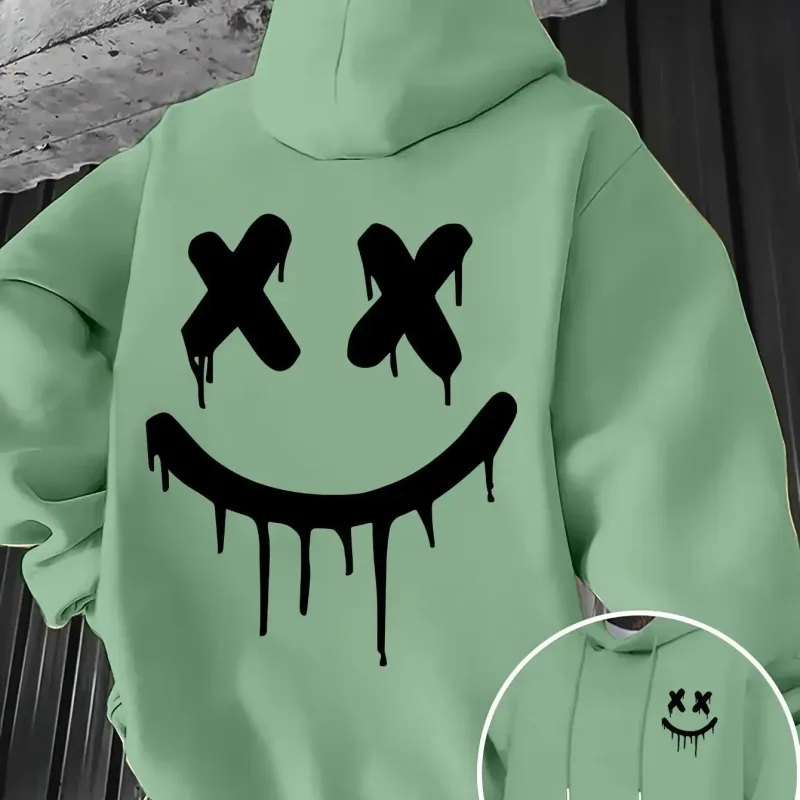 Smiley face print men's and women's autumn winter trendy printed hooded fleece sweatshirt front back casual hoodie