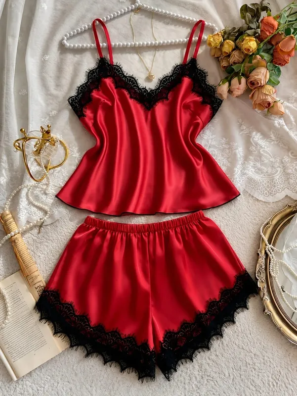 Pink Satin Bra And Panty Sets Silky-Soft Women's Underwear Elegant Loungewear Lace Bras And Pajama Set Spaghetti-Strap Lingerie