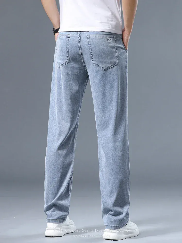 Summer Thin Men's Loose Straight Jeans Lyocell Soft Drape Business Casual Trousers Smoke Gray Ice Silk Pants Plus Size 40 42