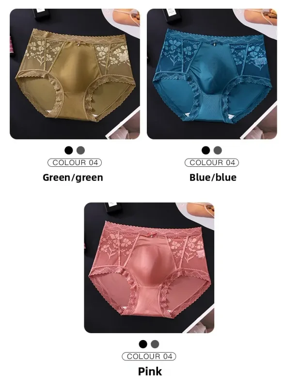 2 Pack Mens Mid Rise Satin Lace Briefs 3D Pouch Rhinestone Bow High Elastic Scalloped Trim Smooth