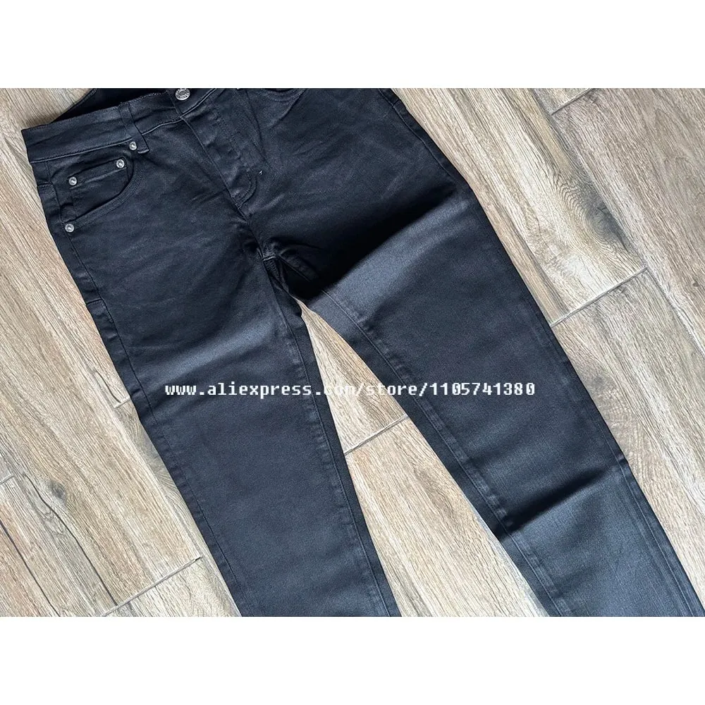 Men's American High Street Distressed Solid Black Coated High Stretch Skinny & Slim Fit Jeans Pant
