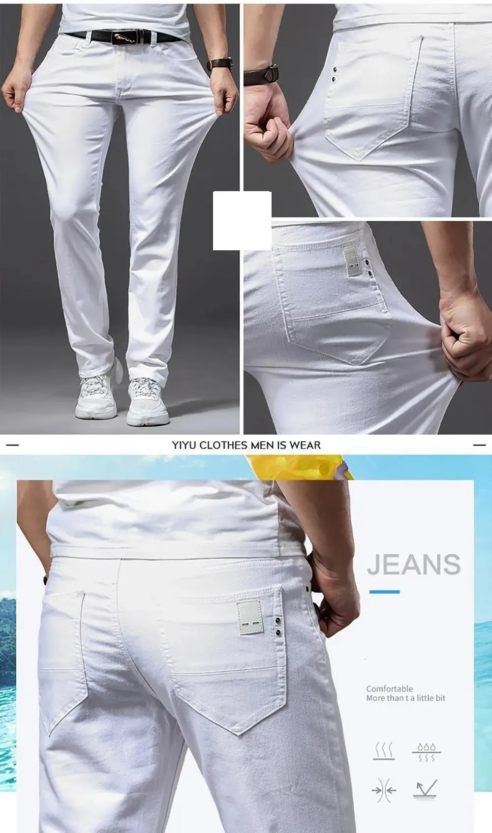 Jean blanc élastique pour hommes, coupe droite, Slim, décontracté, doux, Business, classique, marque, mode, pantalon en Denim extensible avancé