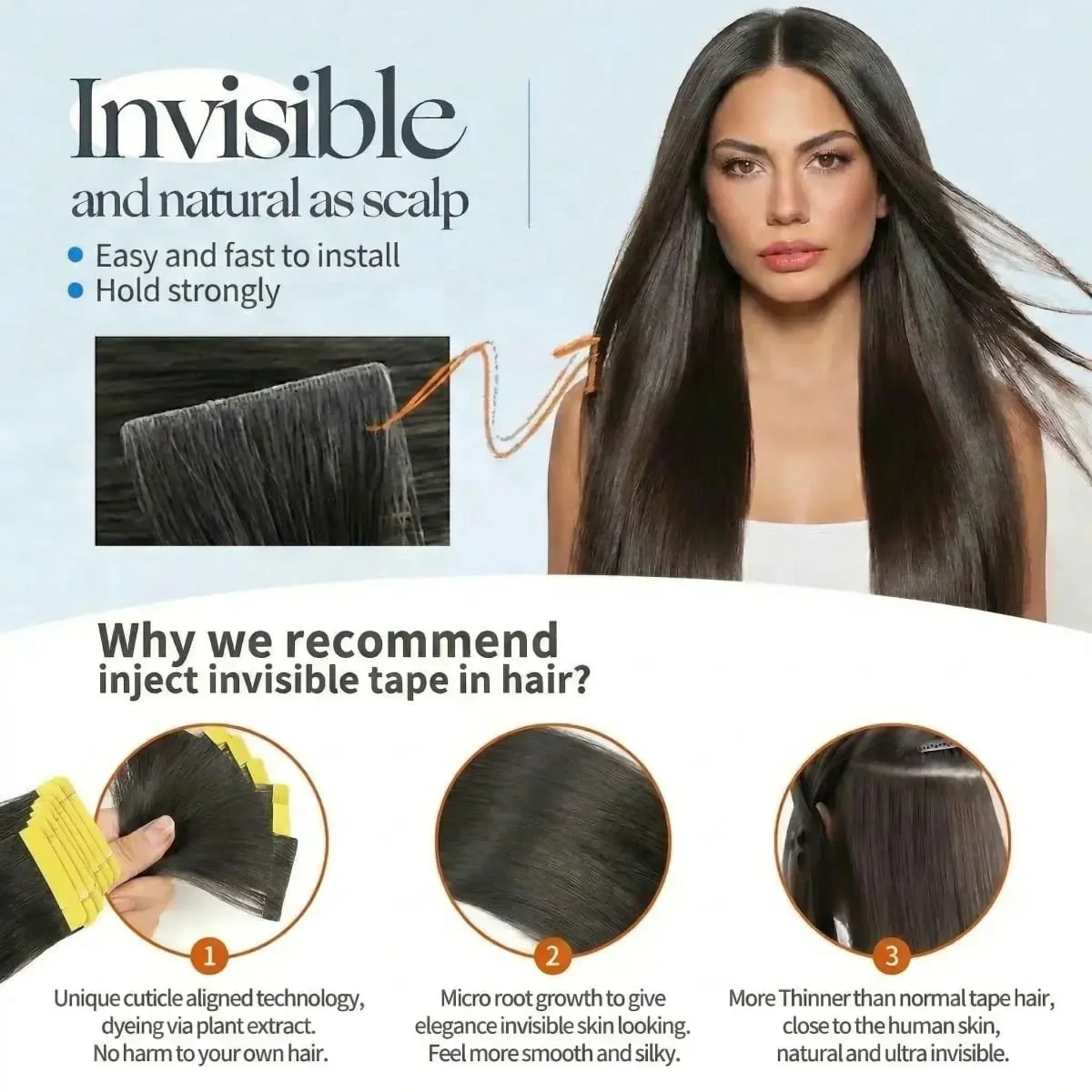 Tape In Hair Extensions Human Hair 16-24 Inch Seamless Invisible Remy Hair Extensions Tape Ins For Women Brazilian Natural Black 21Pcs 50g 100% Human Hair