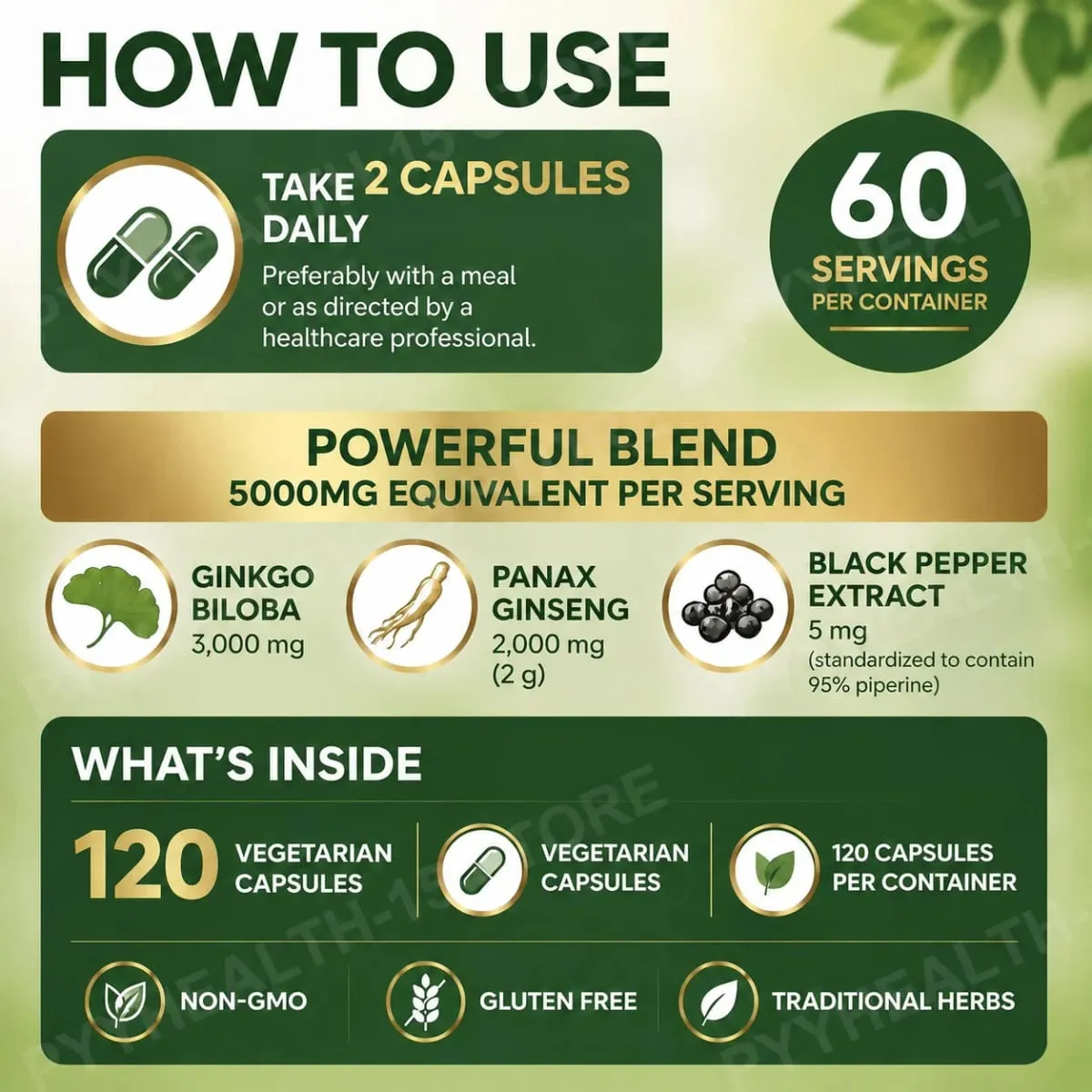 Panax Ginseng & Ginkgo Biloba 5000mg Equivalent with 95% Piperine Daily Energy Focus & Vitality Support 120 Vegetarian Capsules