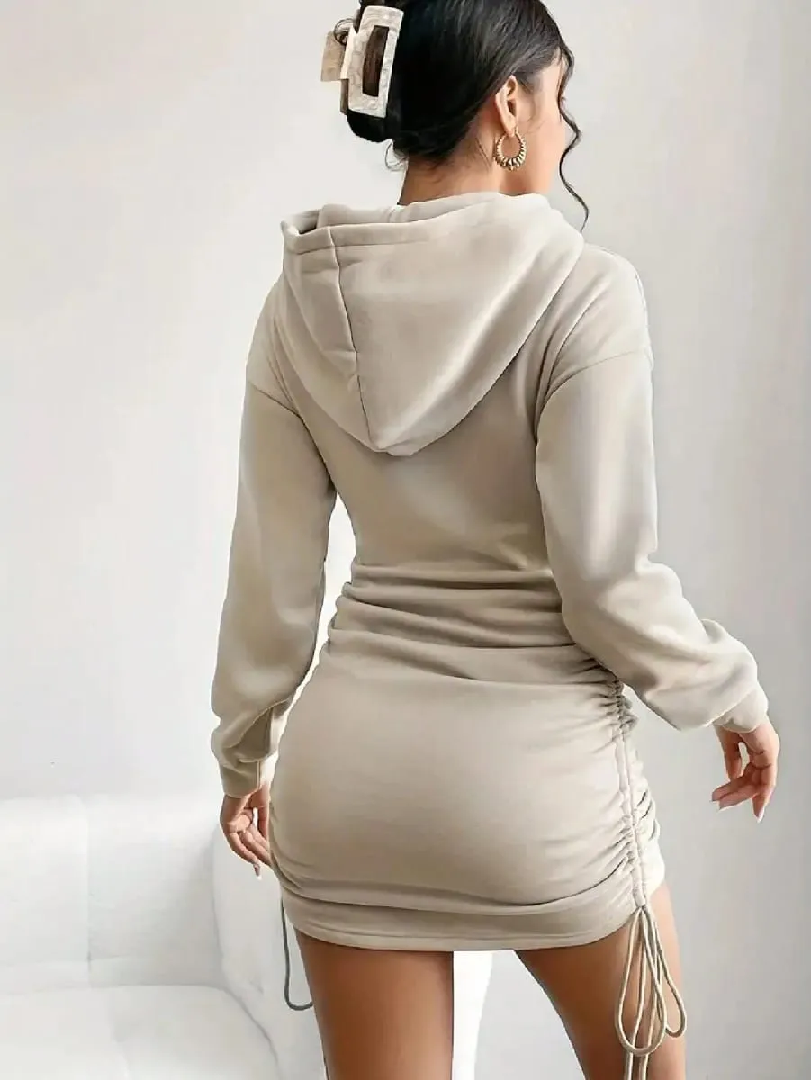 2026 Women's New Casual Long Sleeved Solid Color Pattern Short Hooded Dress Short Skirt Suitable for Daily Outdoor Wear