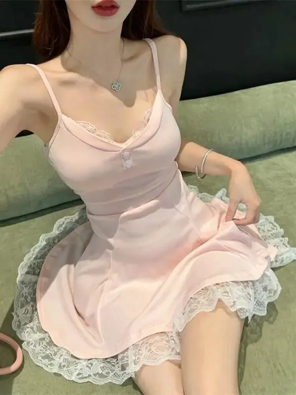 Robe d'été à col licou en dentelle rose pour femmes, jupe courte moelleuse de princesse, col en v, sans bretelles, taille haute, jupe trapèze