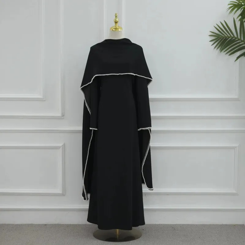 White Pearl Trim Cape Maxi Dress Women Elegant Long Sleeve Cinched Waist Muslim Robes 2026 Spring EID Abaya Lady Dresses
