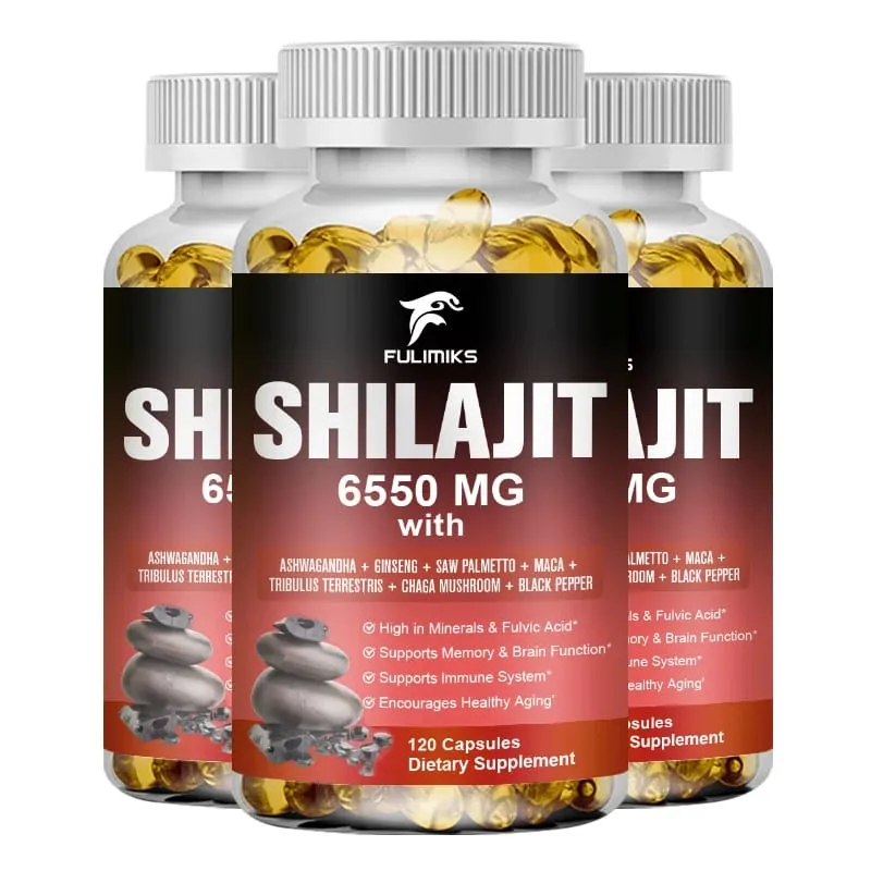 Shilajit 6550MG Capsules with Ashwagandha & Ginseng Supports Energy Stamina Immunity Brain Function & Healthy Aging