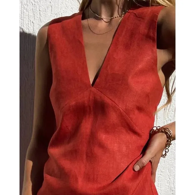 Abiti da donna in lino di cotone Abito sexy con scollo a V senza maniche dal carro armato di base Abiti eleganti eleganti da donna Saldi estivi Abiti Para Mujer