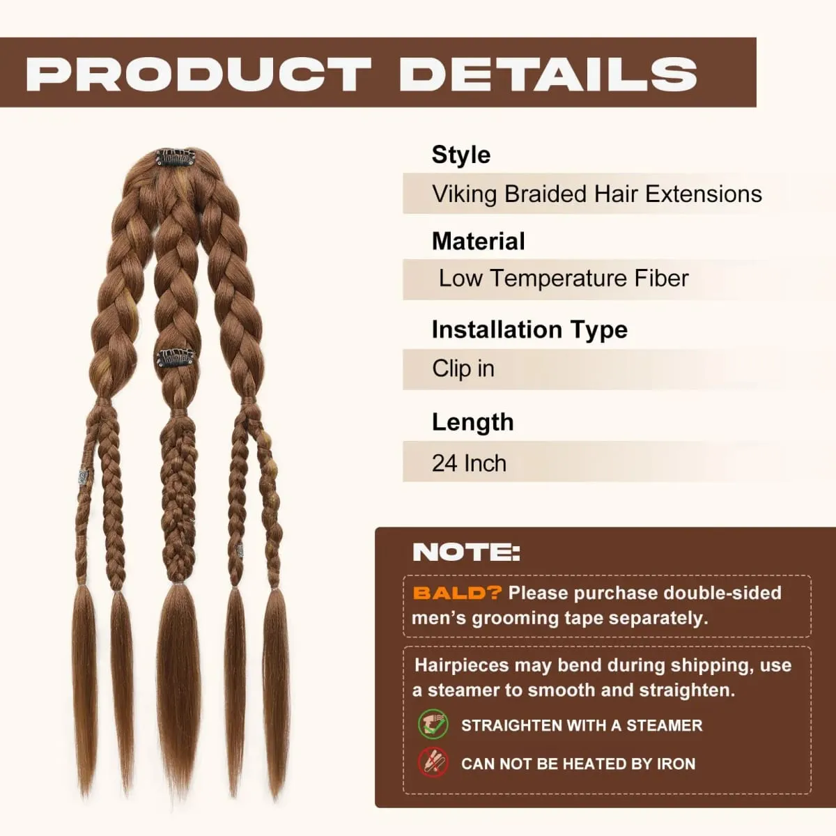 24" Clip In Braided Ponytail Hairpiece for Halloween Viking Costume Renaissance Warrior Accessories - Warm Brown with Highlights