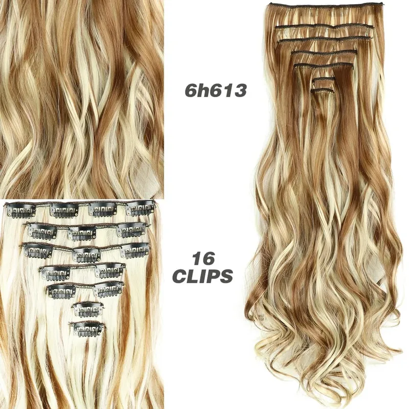 Synthetic 7Pcs/Set 22" Wavy Hairpiece Straight 16 Clips Hair Extensions Heat Resistant Styling False Hair