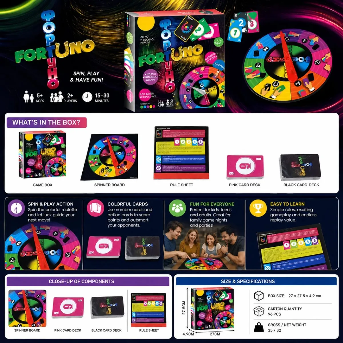Fortuno Spin Wheel kártyatársasjáték Színegyeztetési stratégia Családi Gyerekek Felnőtt Buli Utazás Orosz változat