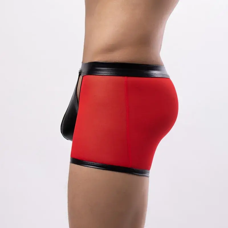 Herren Boxershorts Transparent Mesh Unterwäsche Mann Höschen Kunstleder Abnehmbare Schnalle Beutel Unterhose Cueca Calzoncillo