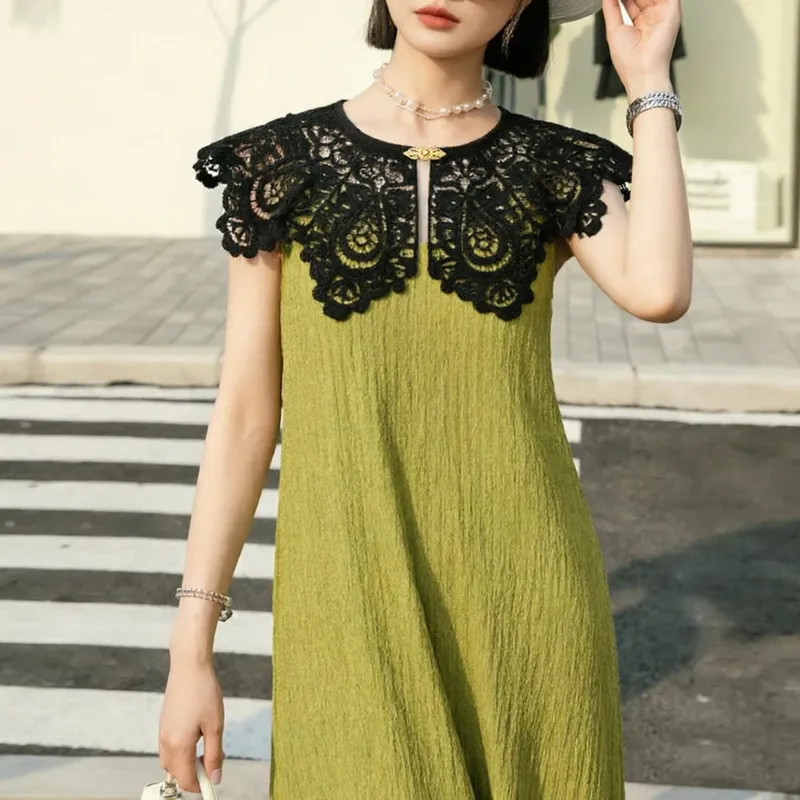 Pleated Sleeveless Elastic Long Dresses Women Vintage Palace Style Womens Black White Doll Fake Collar Soft Midi Dress Clothing
