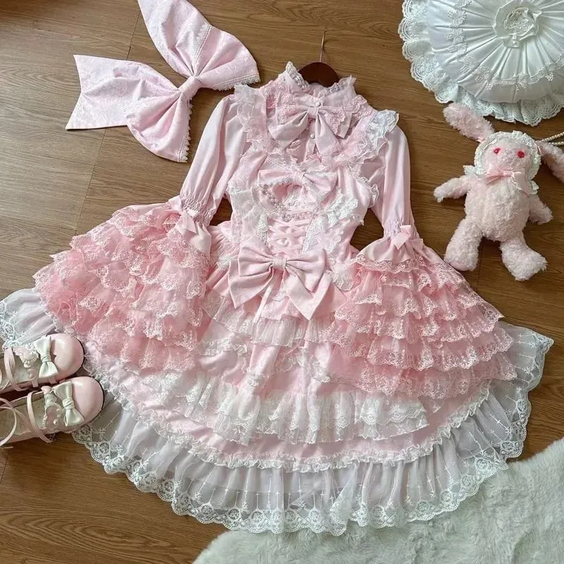 Lolita Kawaii Y2k Long Sleeve Strap Dress Japanese Knee-Length Women Elegant Lace Bow Patchwork Ball Gown Sweet All Season